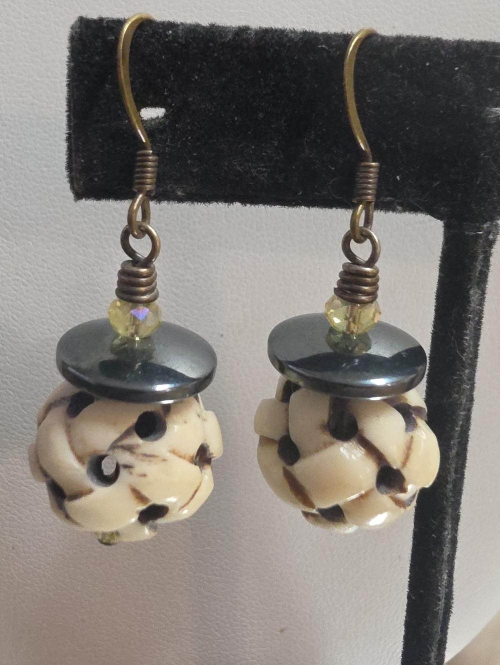 Vintage Hematite Crystal and lCarved Bone Lattice Sphere Drop Earrings,